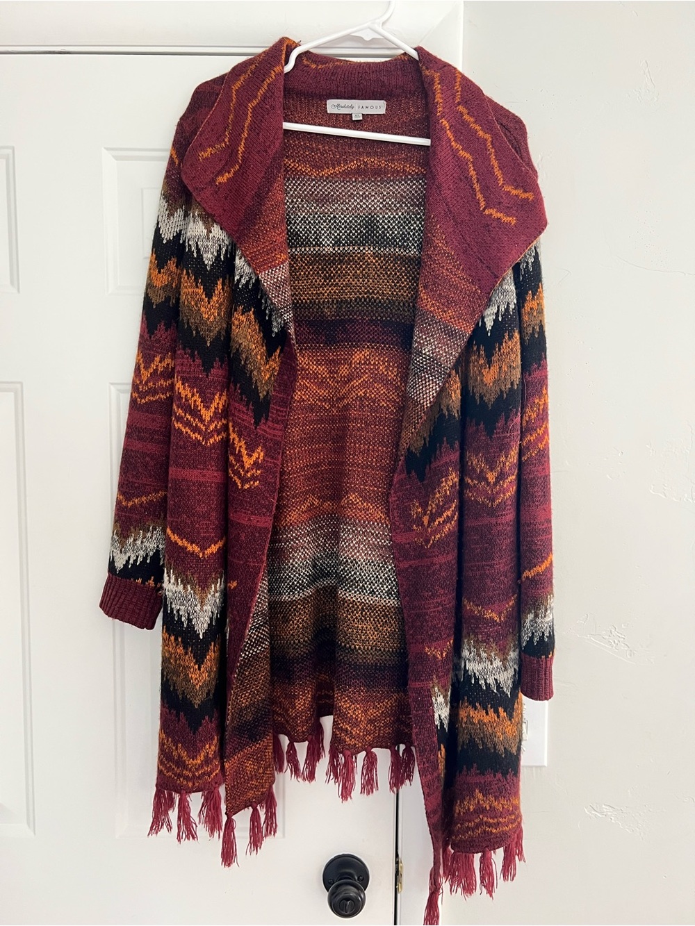 Absolutely Famous Burgundy Open-Front Fringe Cardigan with Multicolor Chevron